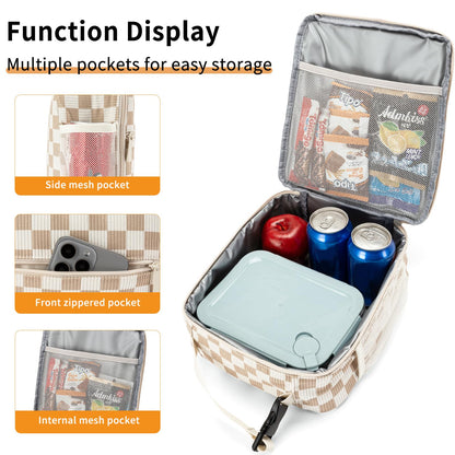 OYLOLA Lunch Box for Women Men Adult Insulated Lunch Bag Women Men Small Reusable Lunchbox for Work Picnic Travel (Beige-Brown Plaid)
