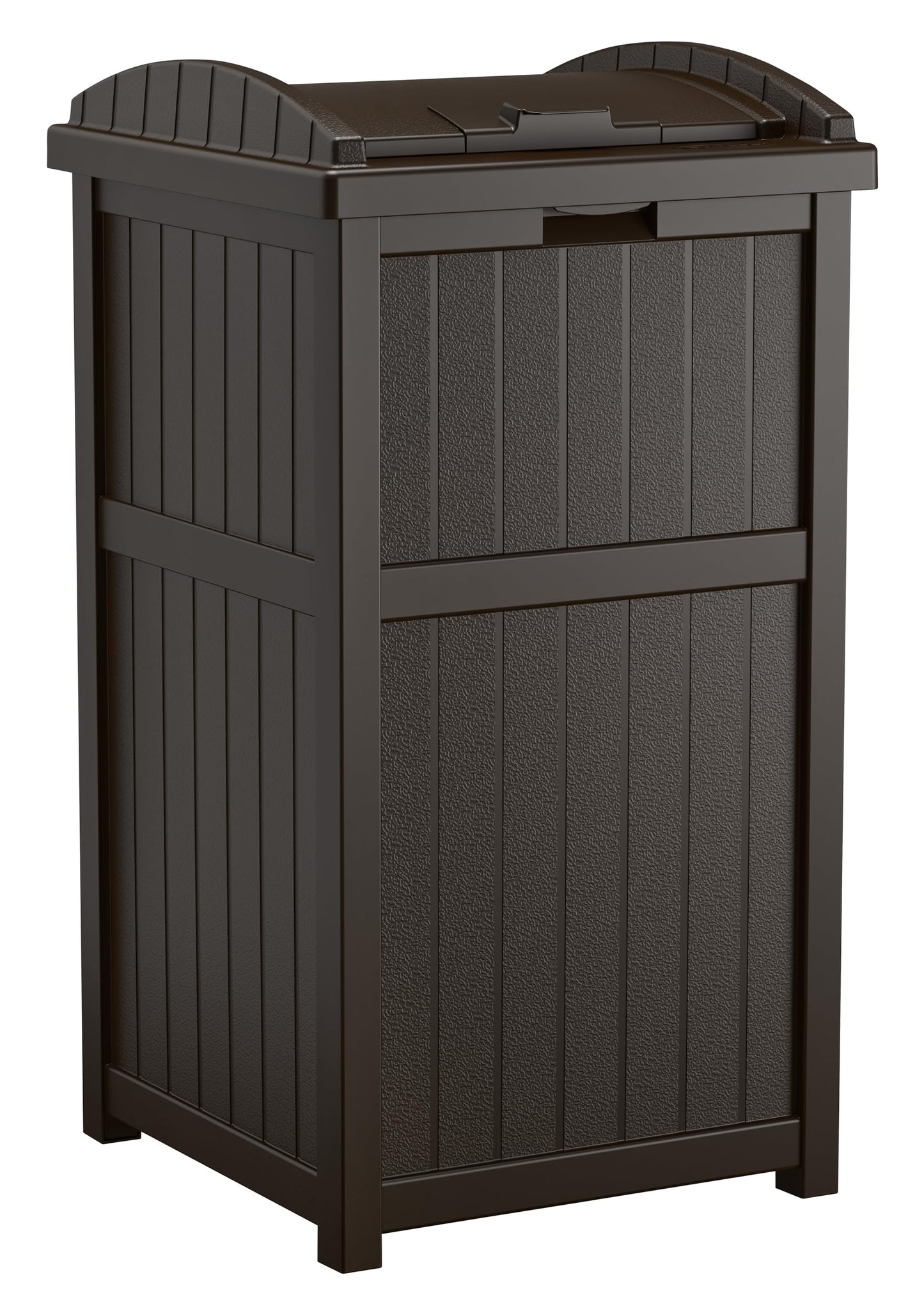 Suncast 33 Gallon Durable resin Hideaway Outdoor Garbage Can with Secure Lid and Wicker Design for Home Backyards, Decks, or Patios, Java Brown