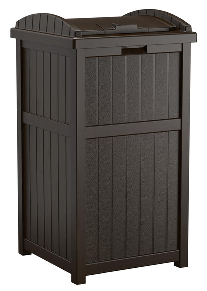 Suncast 33 Gallon Durable resin Hideaway Outdoor Garbage Can with Secure Lid and Wicker Design for Home Backyards, Decks, or Patios, Java Brown
