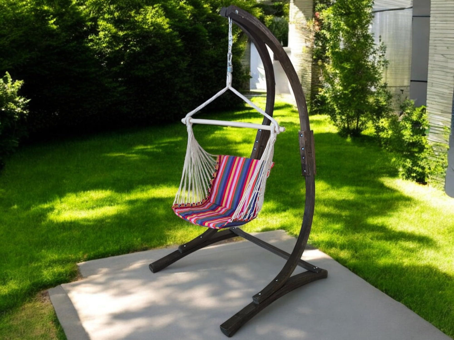 Petra Leisure 7 Ft. Wooden Arc Chair Stand with Hanging Chair - Cozy Swing for Home & Garden Relaxation. 265LB Weight Capacity (Coffee Stain + Red Stripe)