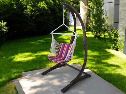 Petra Leisure 7 Ft. Wooden Arc Chair Stand with Hanging Chair - Cozy Swing for Home & Garden Relaxation. 265LB Weight Capacity (Coffee Stain + Red Stripe)