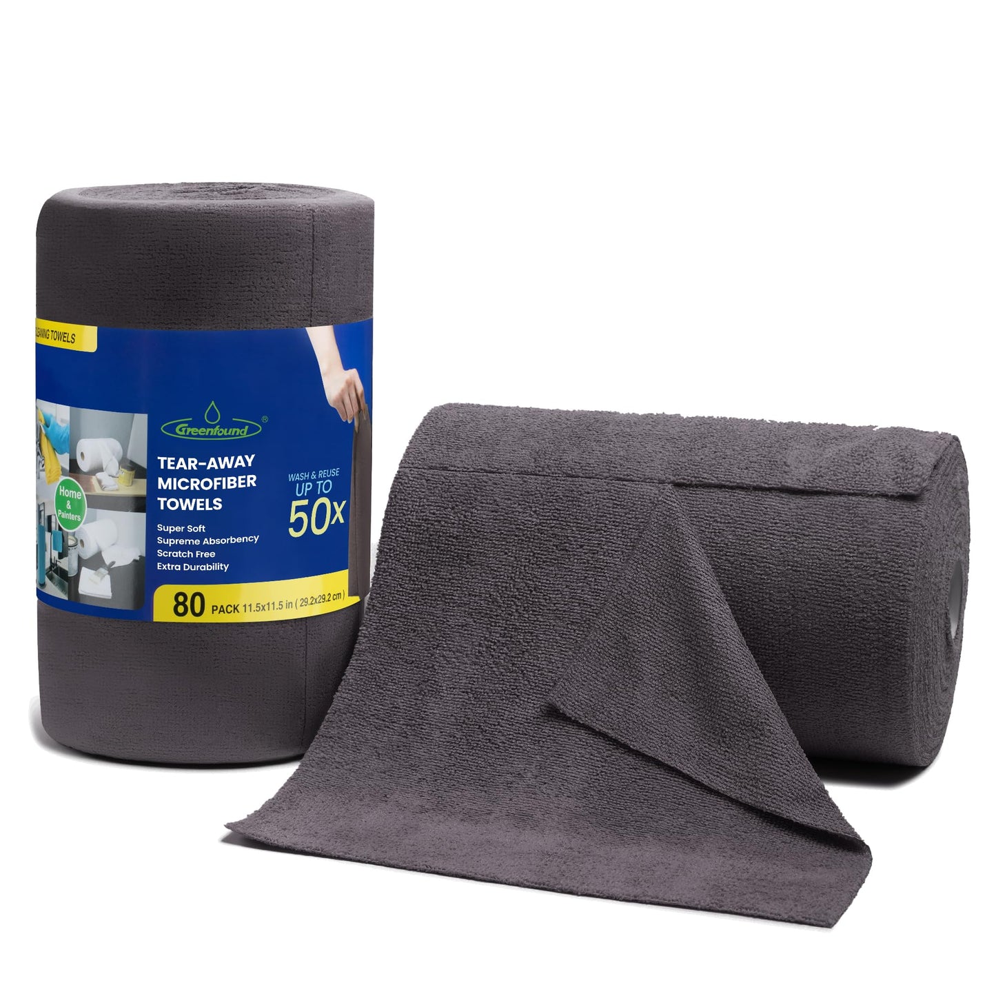 Greenfound Microfiber Cleaning Cloth Roll -80 Pack, 11.5x11.5, Tear Away Towels, Reusable and Washable Rags, Grey