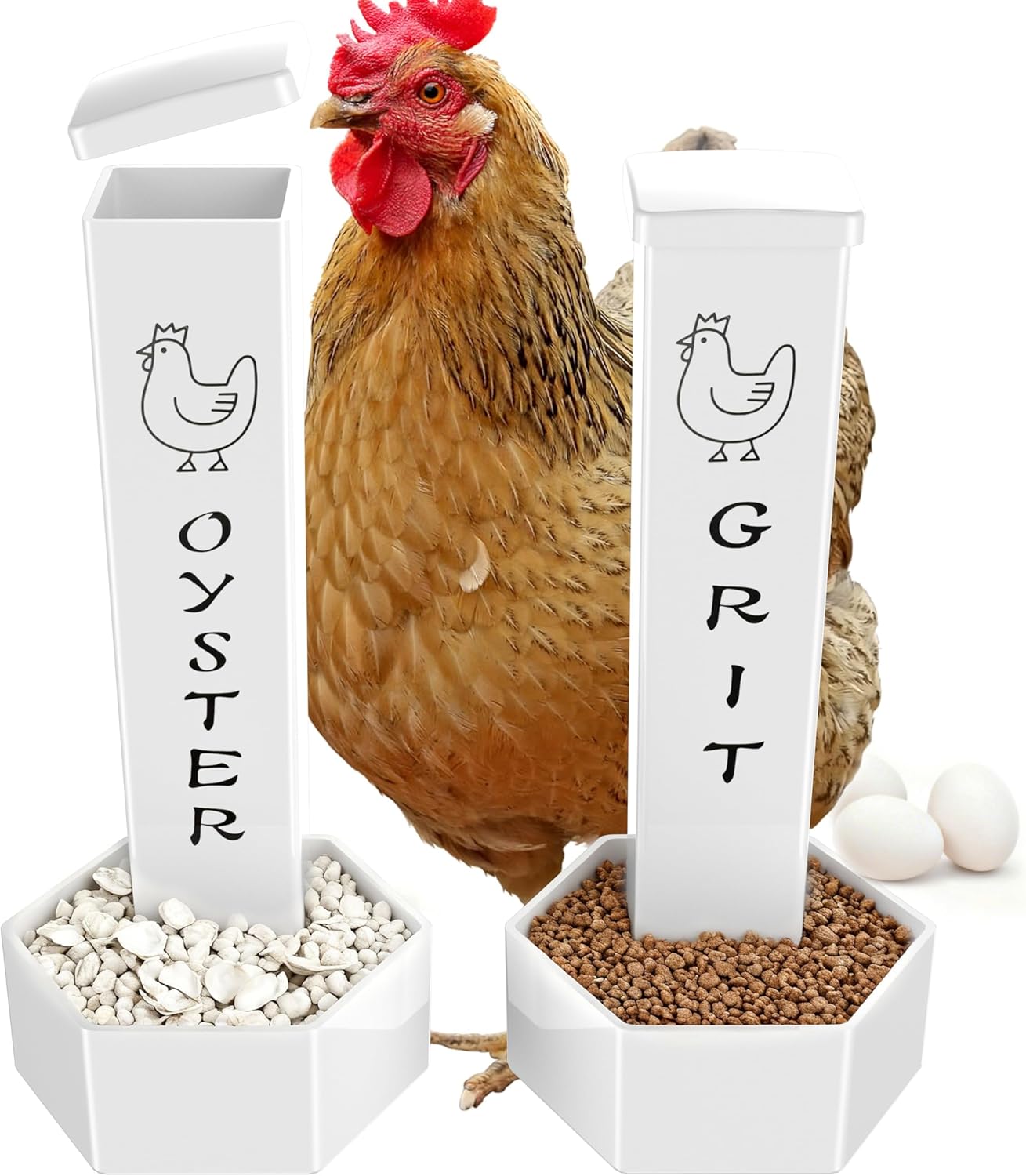 2 Pack Chicken Grit and Oyster Shell Feeder, Hanging Wall Mount Chicken Feeder Combo, Waterproof ABS Automatic Gravity