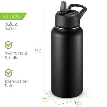 SipX™ 32 oz Insulated Water Bottle with 3 Lids – Leakproof Stainless Steel, Triple Insulated – Cold 24 Hours/Hot 12 Hours – Durable Bottle for School, Gym, Travel – Black