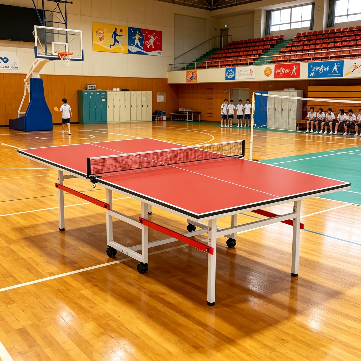 8FT Table Tennis Table with Net, Indoor/Outdoor Professional Ping Pong Table for Kids Adults, Folding Ping Pong Table, Complete Set with Paddles and Balls, School Playground Game Table (Red)