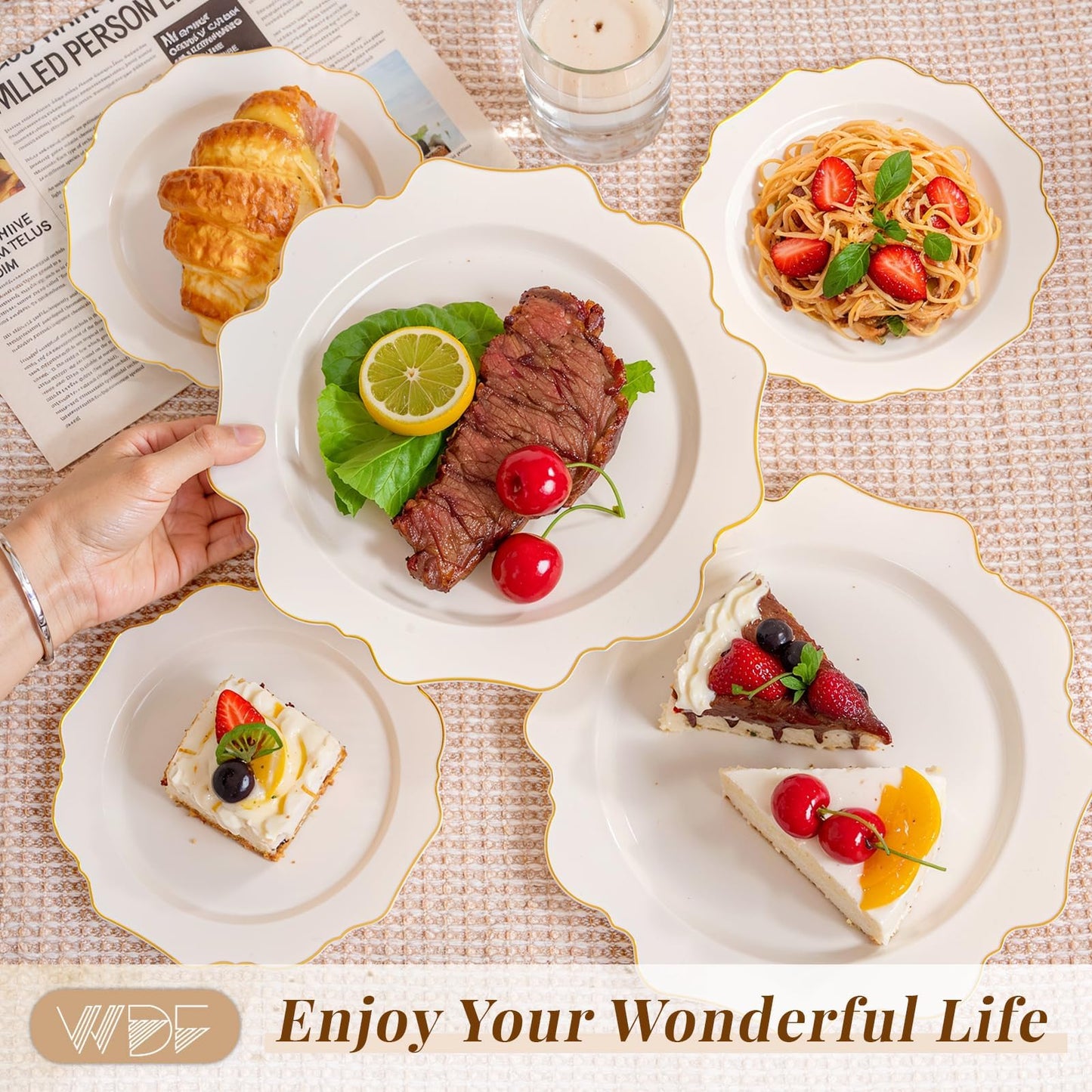WDF 200PCS Ivory Plastic Plates with Gold Rim - Cream Plastic Plates - Include 100 Dinner & 100 Dessert Fancy Disposable Plate for Party - Heavy Duty Plate for Wedding/Baby Shower/Spring/Mother's Day