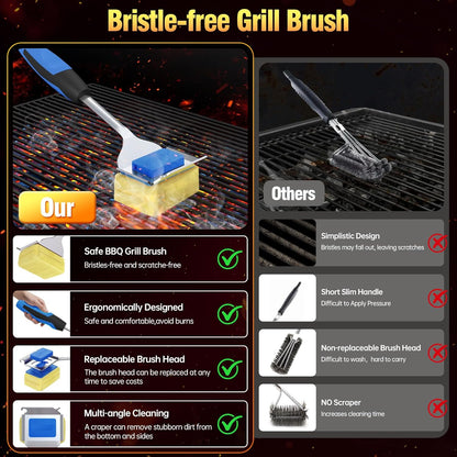 Grill Brush Bristle Free for Outdoor Grill, Steam Grill Cleaning Brush Replaceable BBQ Cleaner Brush Head,Extended