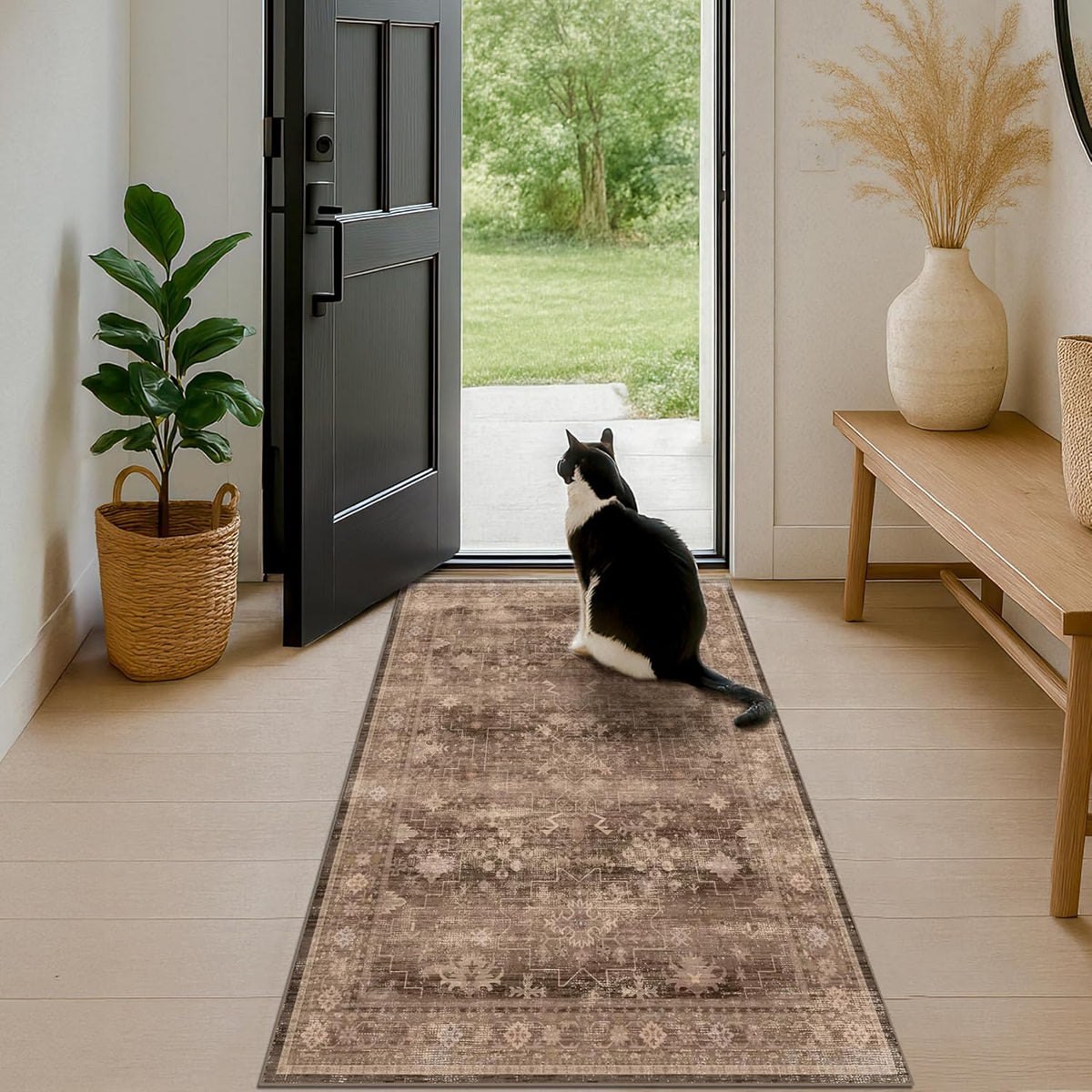 Skiennix Brown Boho Washable Entry Rug - Non-Slip Rubber Backing | 3x4 Indoor Door Mat in Earthy Taupe Floral Design