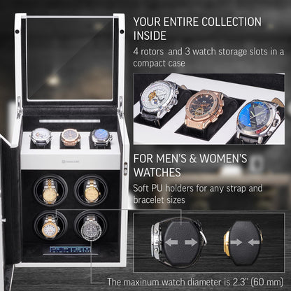 TIMECUBE Watch Winder for 4 Watches with 15 Winding Programs and 3 Watch Storage Slots (White)