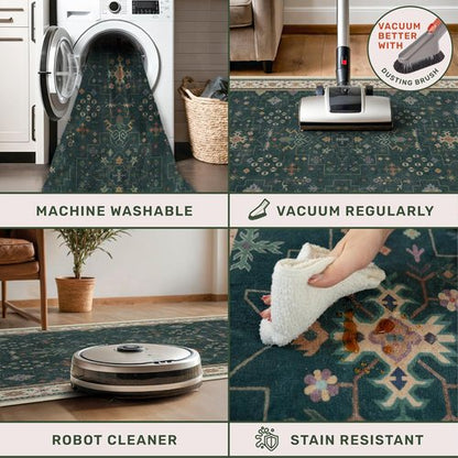 Hazo Haus Dark Green Kitchen Rug - Modern Vintage Boho Floral Design, Washable Non-Slip Runner, 2x6 ft