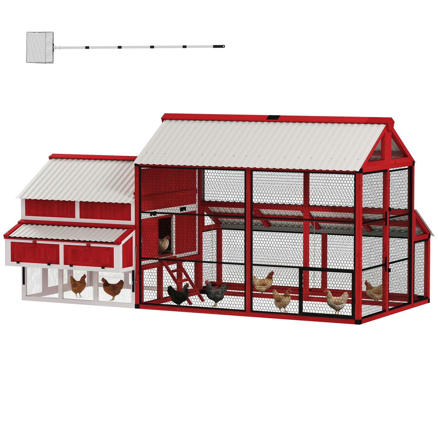 PawHut 187.3" Large Chicken Coop, Walk-in Wooden Hen House, Outdoor Poultry Cage w/Shovel, Run, Waterproof Roof, Nesting Box, Perches, Chicken House for 10-15 Hens, Rabbits, Ducks, for Farm Backyard