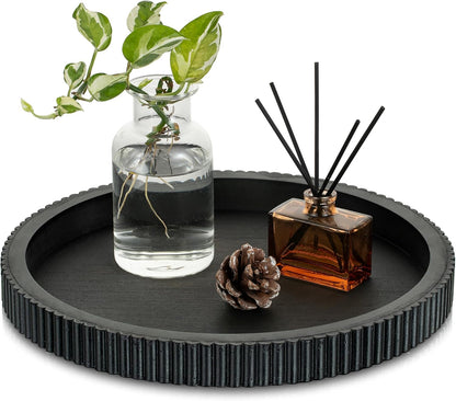 12" Hanobe Decorative Tray for Coffee Table: Black Round Centerpiece Tray for Home Decor - Wood Modern Farmhouse Decor