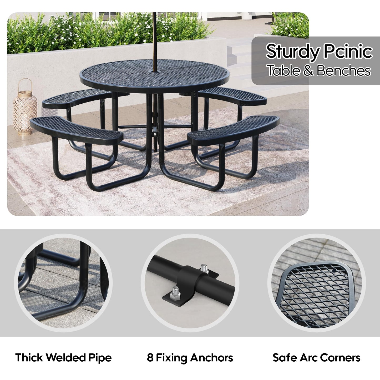Sunnibety 8-Person Picnic Tables for Outdoors, Industrial 46" Expanded Metal Round Picnic Table with 4 Benches & Umbrella Hole, Outside Table and Bench Set for Park, Garden, Backyard, Patio, Black