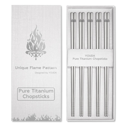 Youda 5 Pairs 99.8% Pure Titanium Chopsticks (9.45") - Extra Long Non-Roll Square Design & Grooved Grip - Lightweight 0.8oz, Flame Pattern - Dishwasher Safe for Asian Cuisine -Gift for Foodies(Silver)