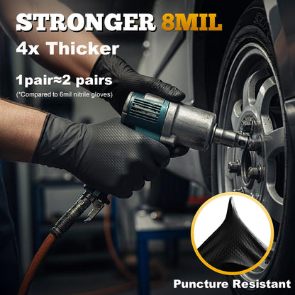 TitanFlex Heavy Duty Black Industrial Nitrile Gloves, 8-mil, Large, Box of 100, Latex Free, Raised Diamond Texture, Powder Free, Food Safe, Rubber Gloves, Mechanic Gloves