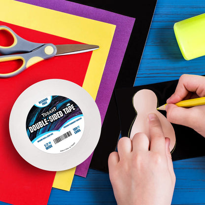 TSSART Ultra-Thin Permanent Double-Sided Tape - Double Sided Adhesive Sticky Tape for Arts, Crafts, Photography, Scrapbooking, Tear-by-Hand, Paper Backing - Acid Free 1/2Inch Wide 180FT Long