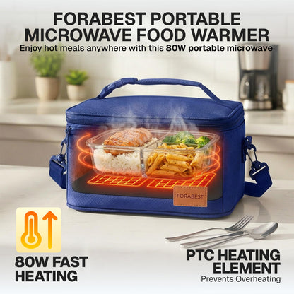 FORABEST Portable Microwave Food Warmer - Electric Lunch Box 80W with Insulated Bag and Utensils - 12V/24V Car/Truck & 110/220V Home/Office Use - Fits up to 10 x 7 x 5 Inches Containers - Blue