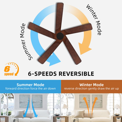 WINGBO 48" DC Ceiling Fan No Light - 5 Carved Solid Wood Blades, 6-Speed Reversible DC Motor, Ceiling Fan without Lights for Living Room Bedroom Kitchen Patio, Indoor and Outdoor, Black and Walnut