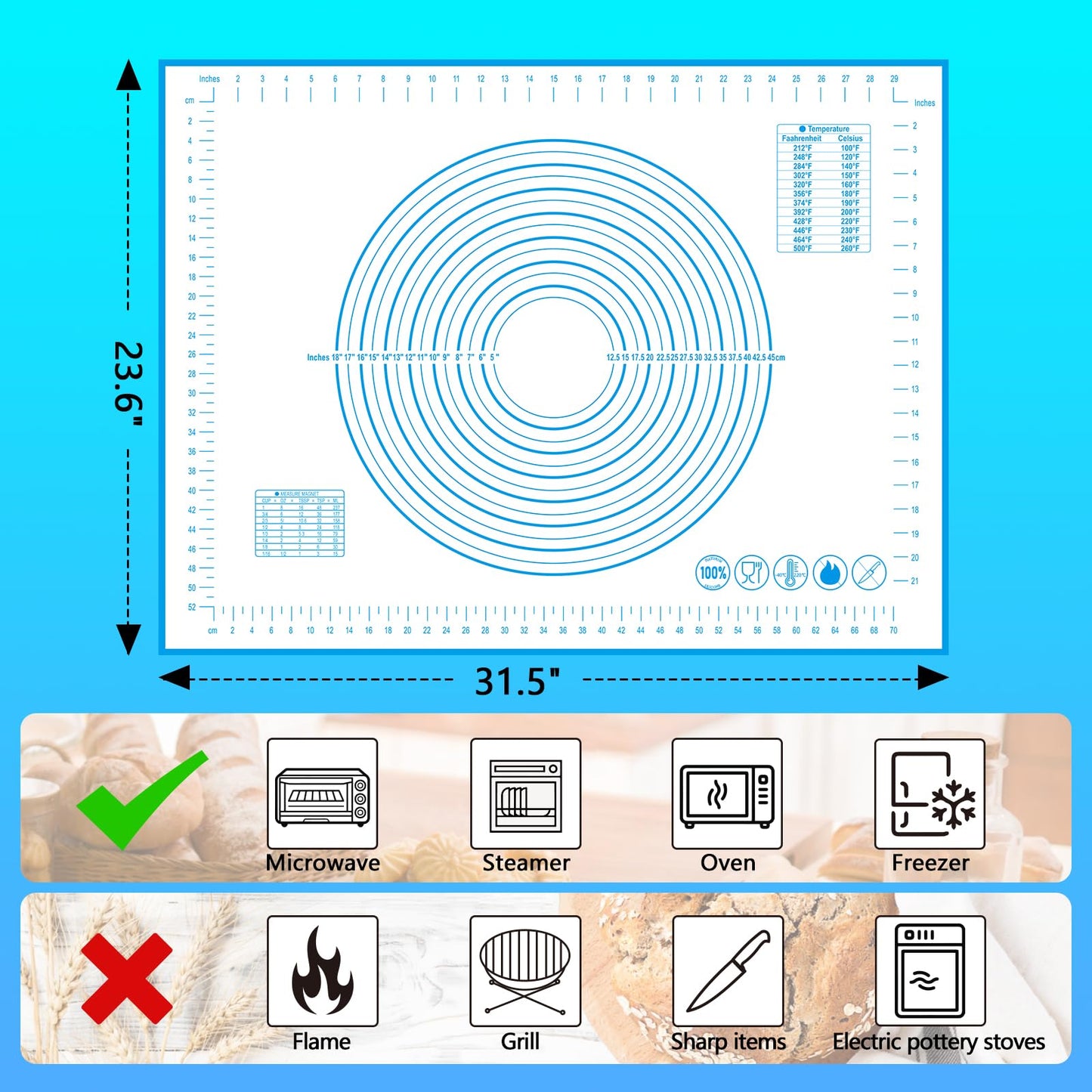 UBeesize Oversize Silicone Baking Mat, 23.6x31.5 Inch Non Stick Pastry Mat with Measurements, XXL Large Nonslip Counter Mat, Fondant/Pie Crust Mat for Making Cookies Macarons Bread Baking Supplies