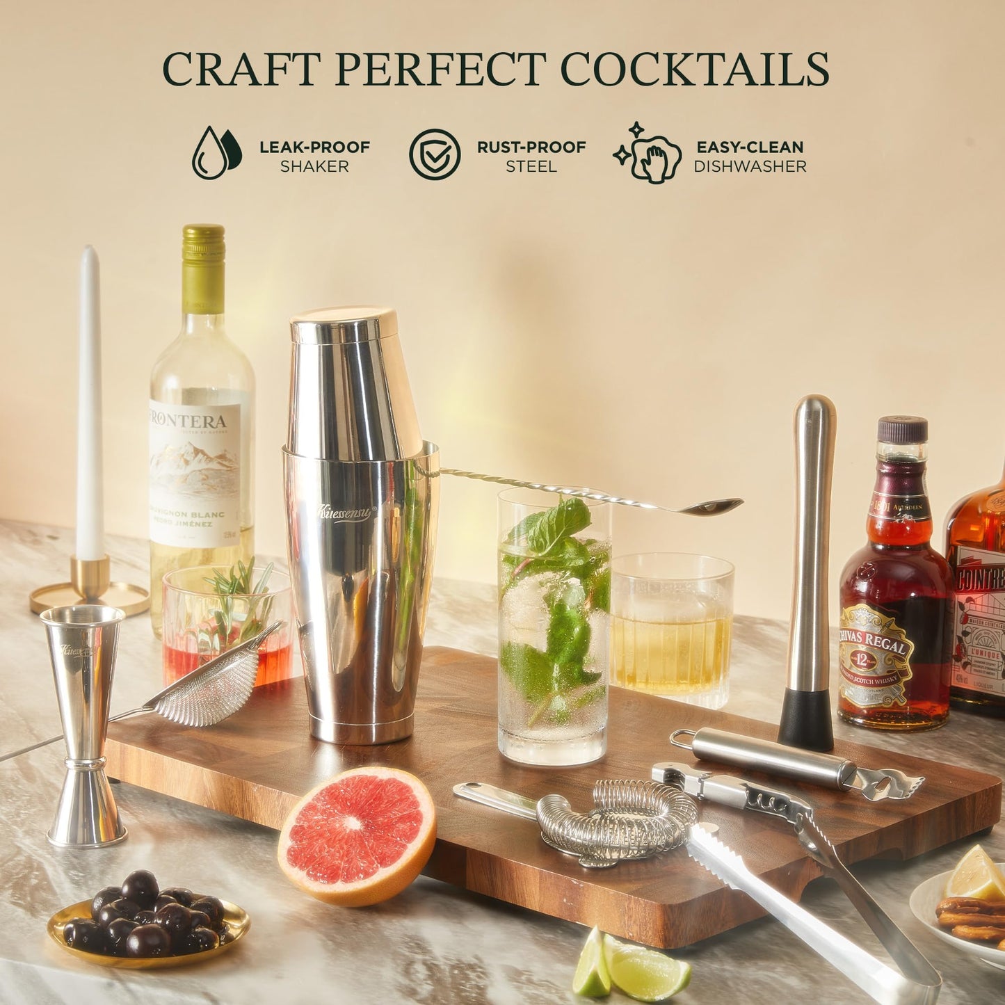 KITESSENSU Boston Shaker Set Mixology Bartender Kit | Premium Cocktail Shaker Kit with Stand Professional Home Bar Tools Accessories: Martini Shaker, Citrus Tools, Fine Mesh Strainers, Muddler, Jigger
