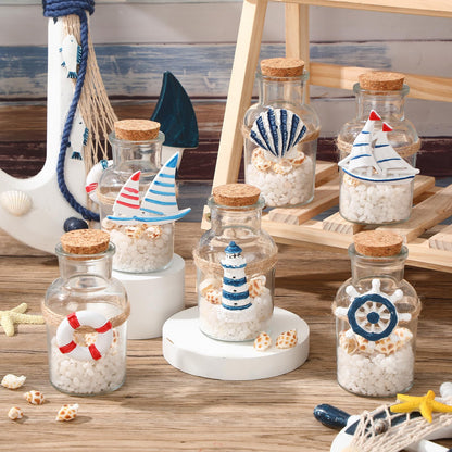 Gandeer 6 Pack Beach Glass Bottles with Cork Honeymoon Sand Jar White Sand Rocks Natural Sea Shells for Coastal Beach Room Decor Home Tabletop Summer Decorations Bridal Shower Gifts