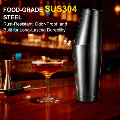 BETTFOR Boston Shaker Set, 18oz & 28oz 2-Piece Tins, Professional 304 Stainless Steel Cocktail Shaker with Leak-Proof Weighted Base for Bartending, Home & Bar Use (Black)