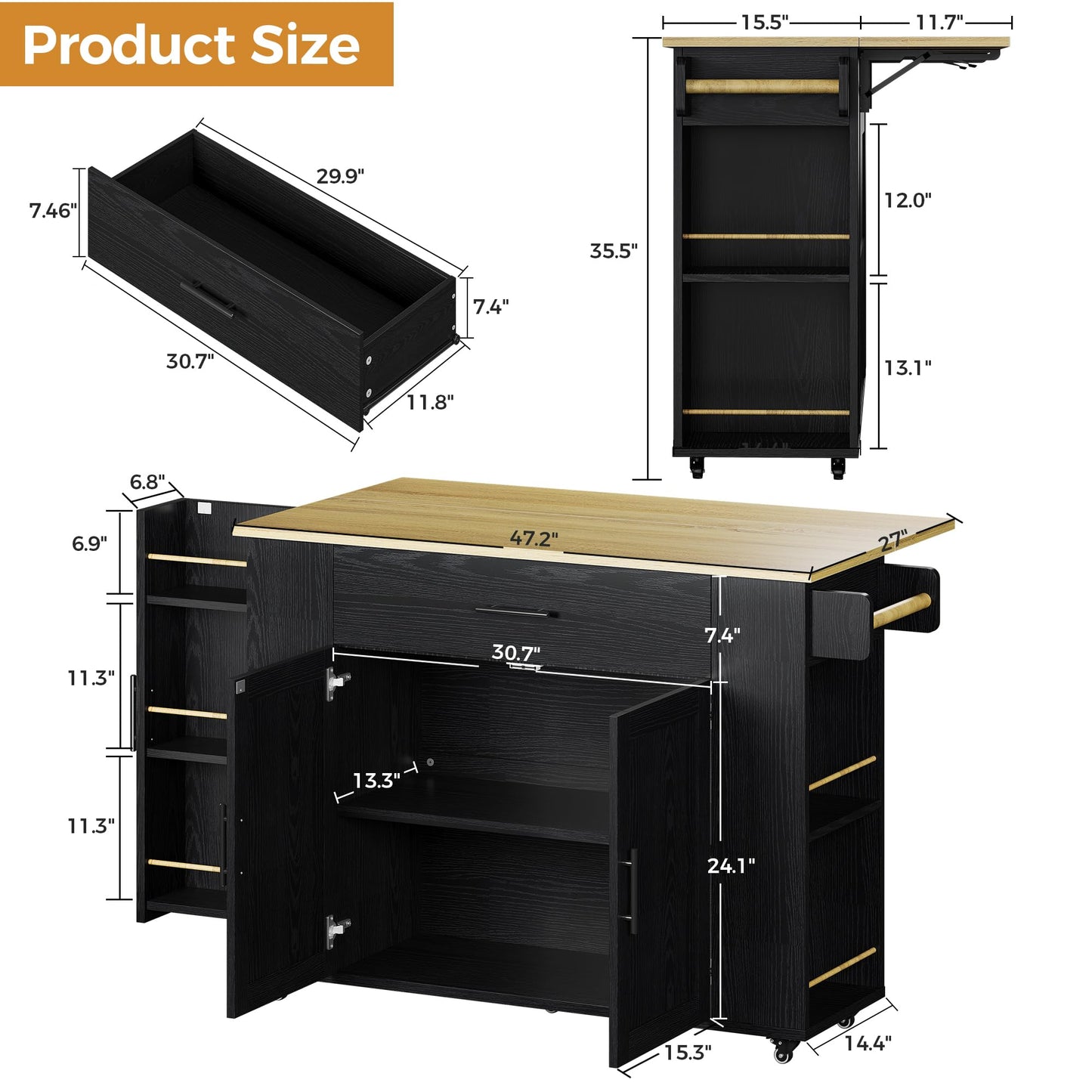 IRONCK Kitchen Island with Storage, 47.2in Rolling Island on Wheels, Kitchen Cart with Drop Leaf, Drawer and Towel Rack for Home, Dining Room