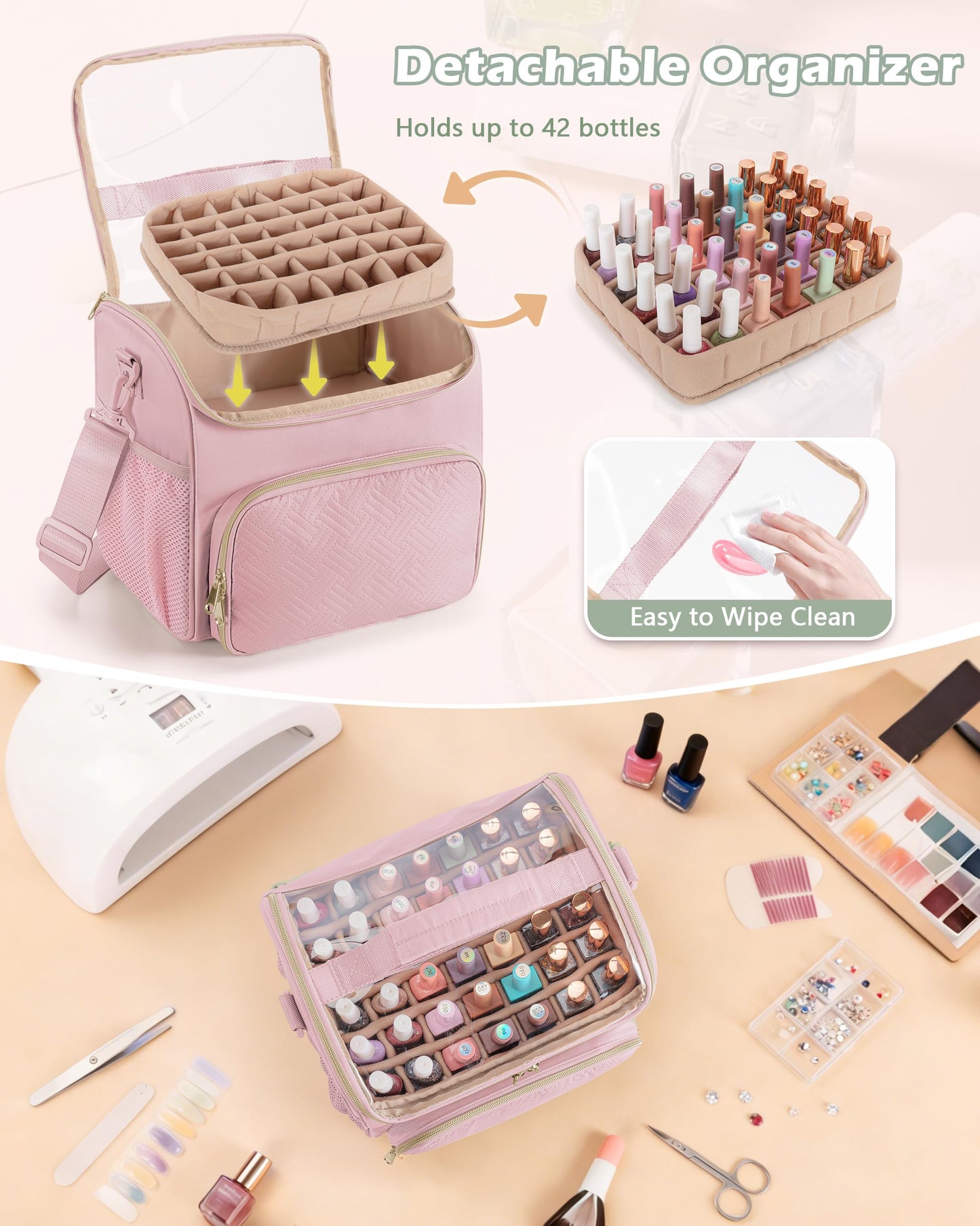 Prokva Nail Polish Organizer Bag Holds 42 Bottles(15ml/0.5 fl.oz), Double Layer Nail Storage Case for Gel Polish and Manicure Tools, Travel Nail Bag, Pink