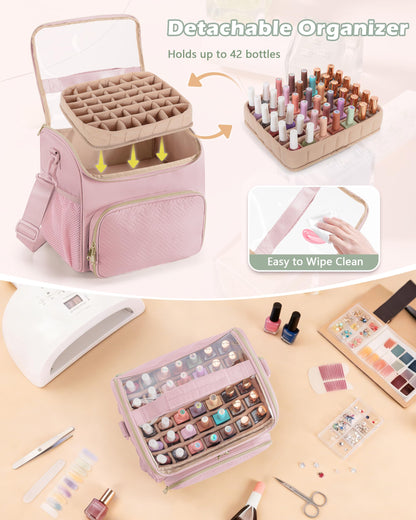 Prokva Nail Polish Organizer Bag Holds 42 Bottles(15ml/0.5 fl.oz), Double Layer Nail Storage Case for Gel Polish and Manicure Tools, Travel Nail Bag, Pink