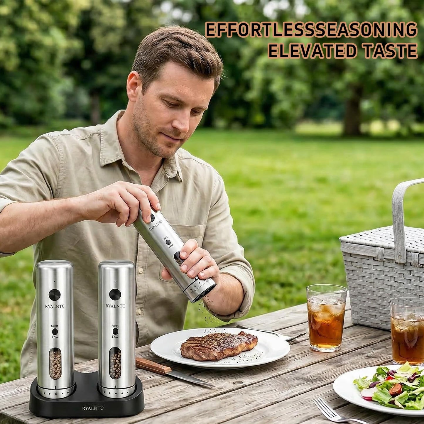 RYALNTC Electric Salt and Pepper Grinder Set with Rechargeable Base Upgraded Stainless Steel Automatic Salt and Pepper Shakers,Upgraded 2-Speed Setting,External 6 Adjustable Coarseness with LED Light