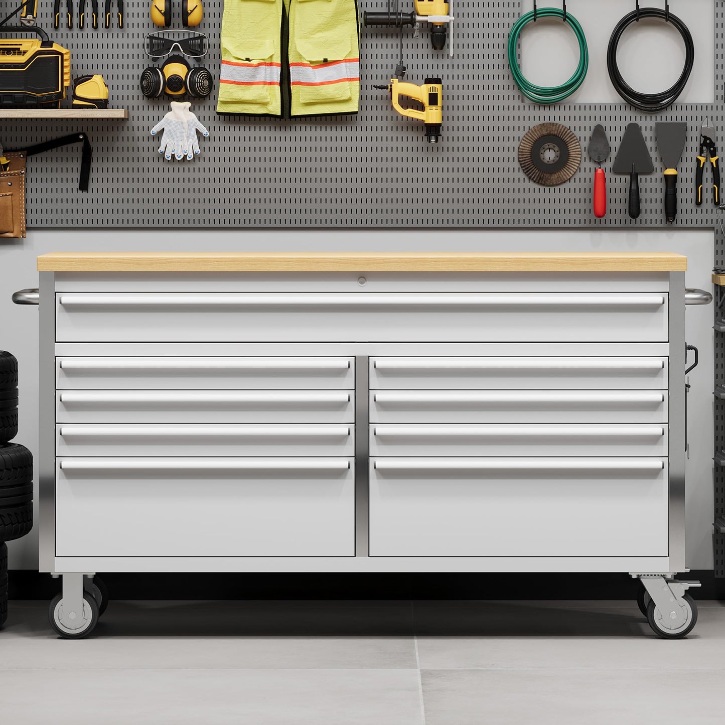 SierraSquad 61 Inch Rolling Tool Chest, Garage Workbench with 9 Drawers, Solid Rubber Wood Top, Wheels Lock Key Locking System, Mobile Tool Cabinet Garage, Warehouse and Repair Shop