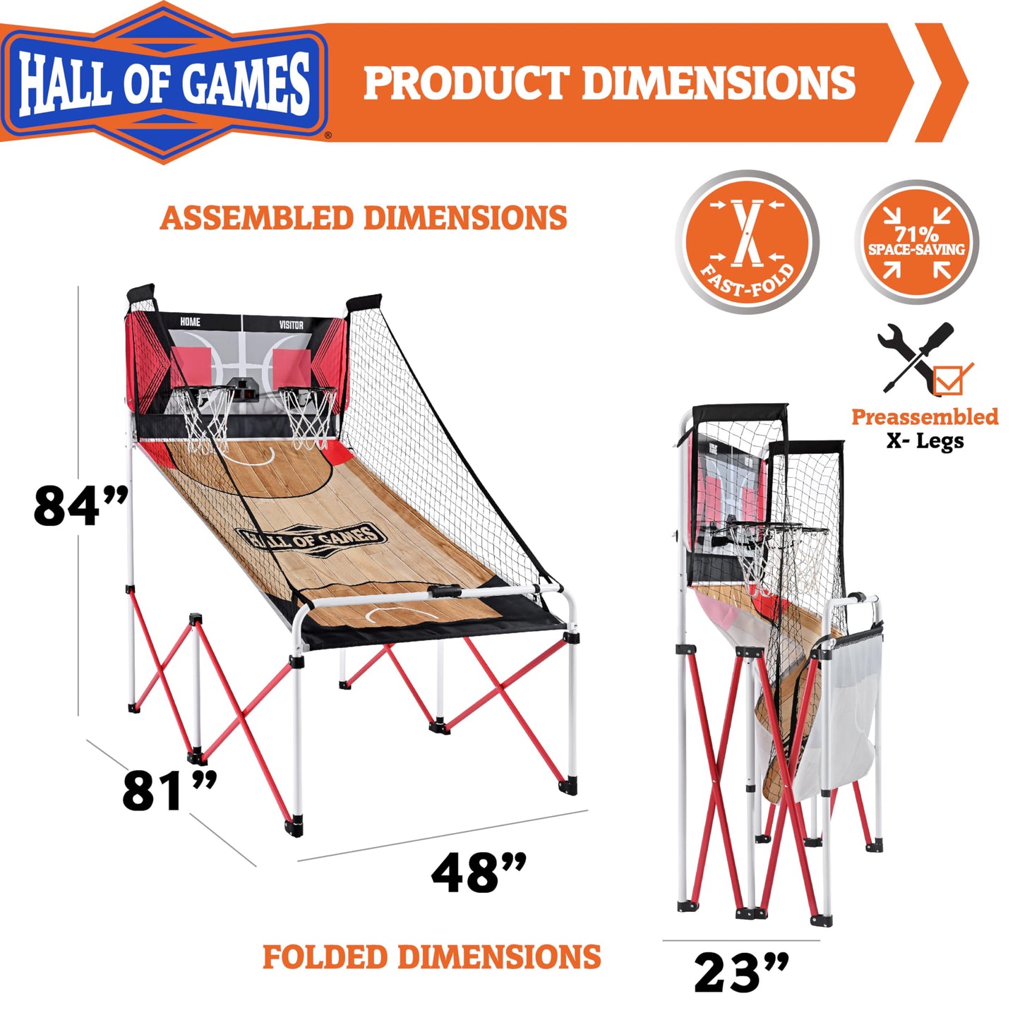 Hall of Games Premium Rapid Deploy Indoor Arcade Basketball Game with Steel Frame, 50% Quicker Assembly, 4 Basketballs Size 3 Included, Folding Arcade Basketball for Game Rooms
