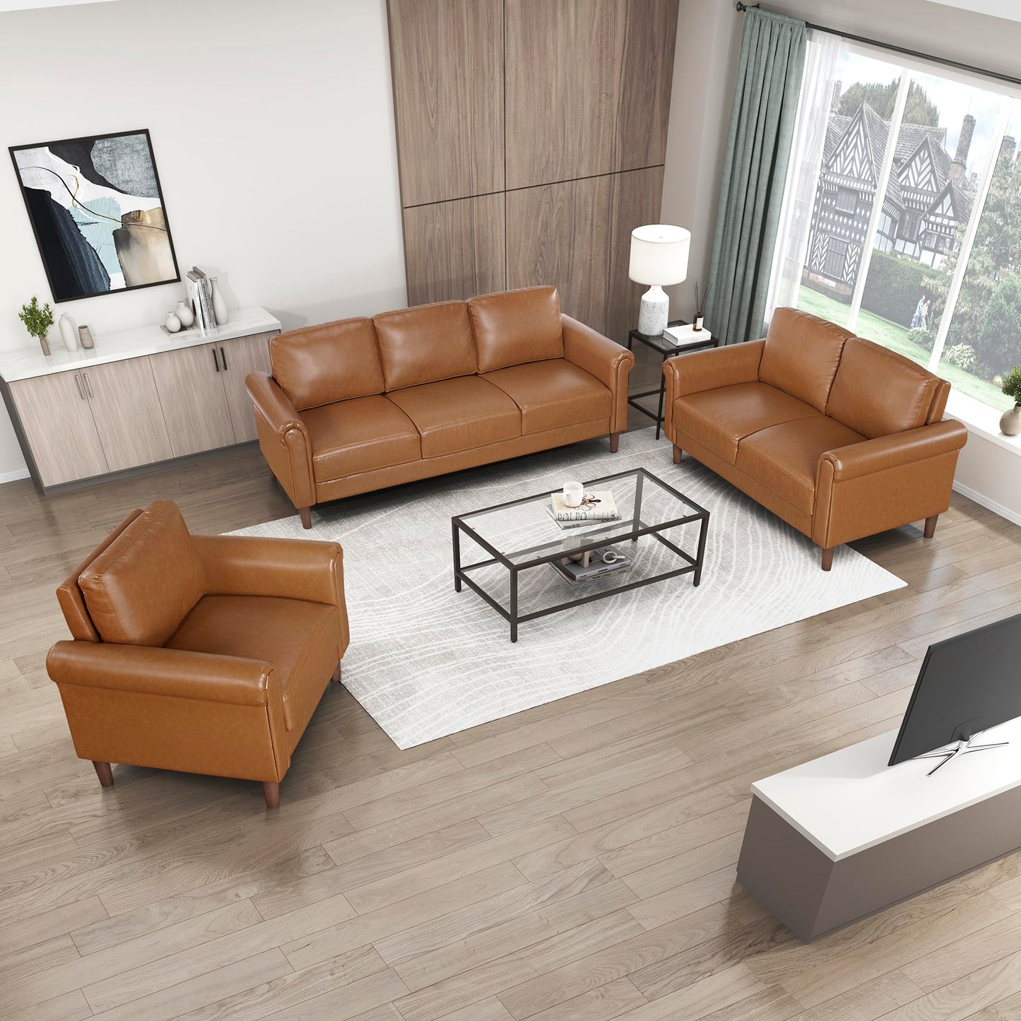 Lexicon 35" W Living Room Accent Chair, Faux Leather Upholstered Armchair with Rolled Armrest for Bedroom/Office/Waiting Room, Single Sofa Chair, Brown