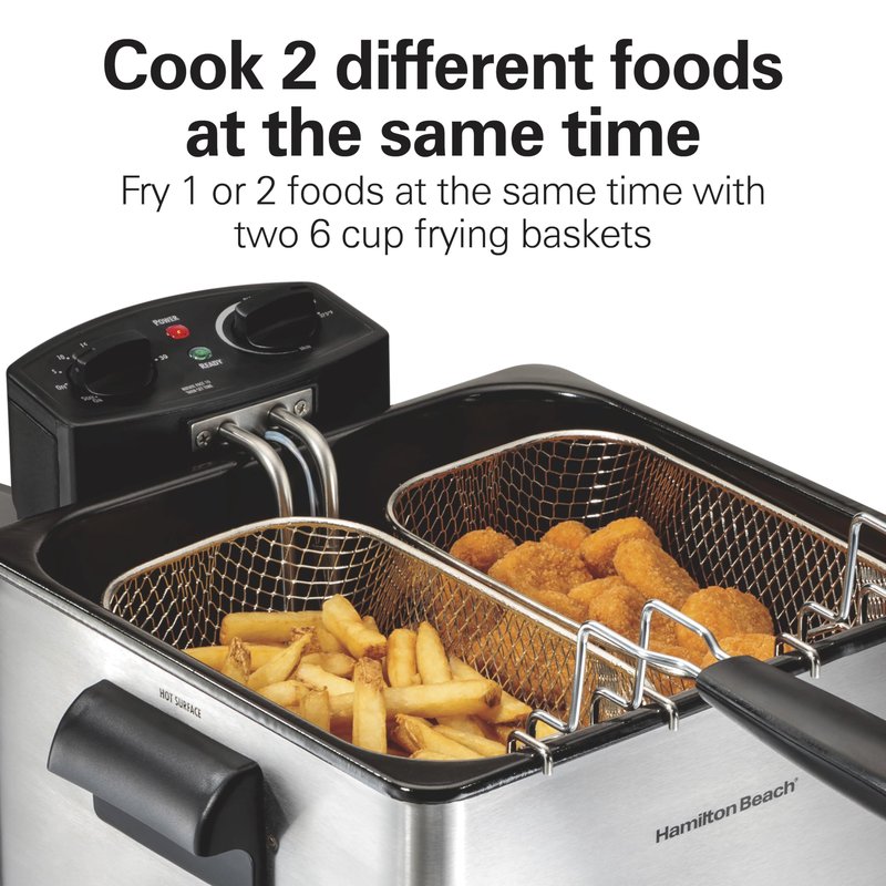 Hamilton Beach Electric Deep Fryer with 2 Baskets and Lid, 4.5 Liters / 19 Cups Oil Capacity, Temperature Control, View Window, Professional Style, 1800 Watts, Stainless Steel (35036)
