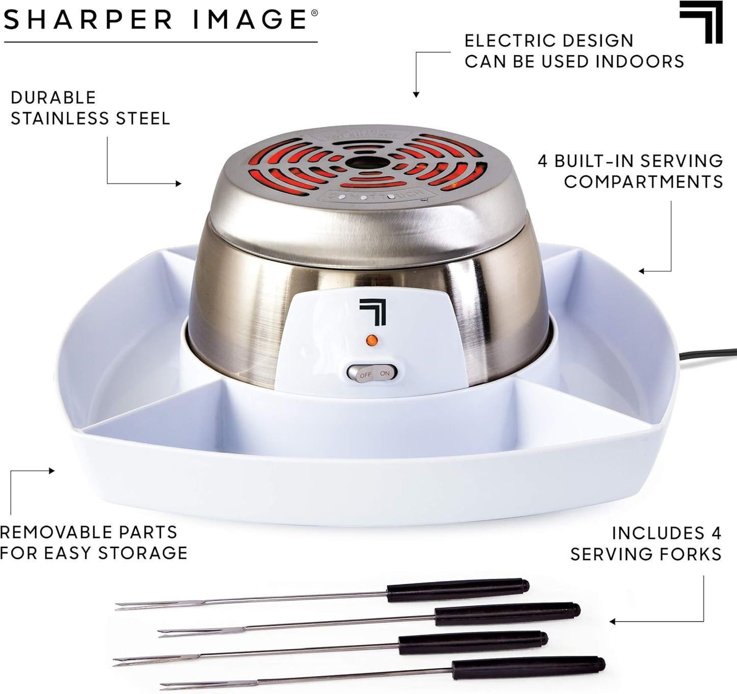 SHARPER IMAGE Electric Tabletop S'mores Maker, 6-Piece Set with 4 Skewers & 4 Serving Compartments