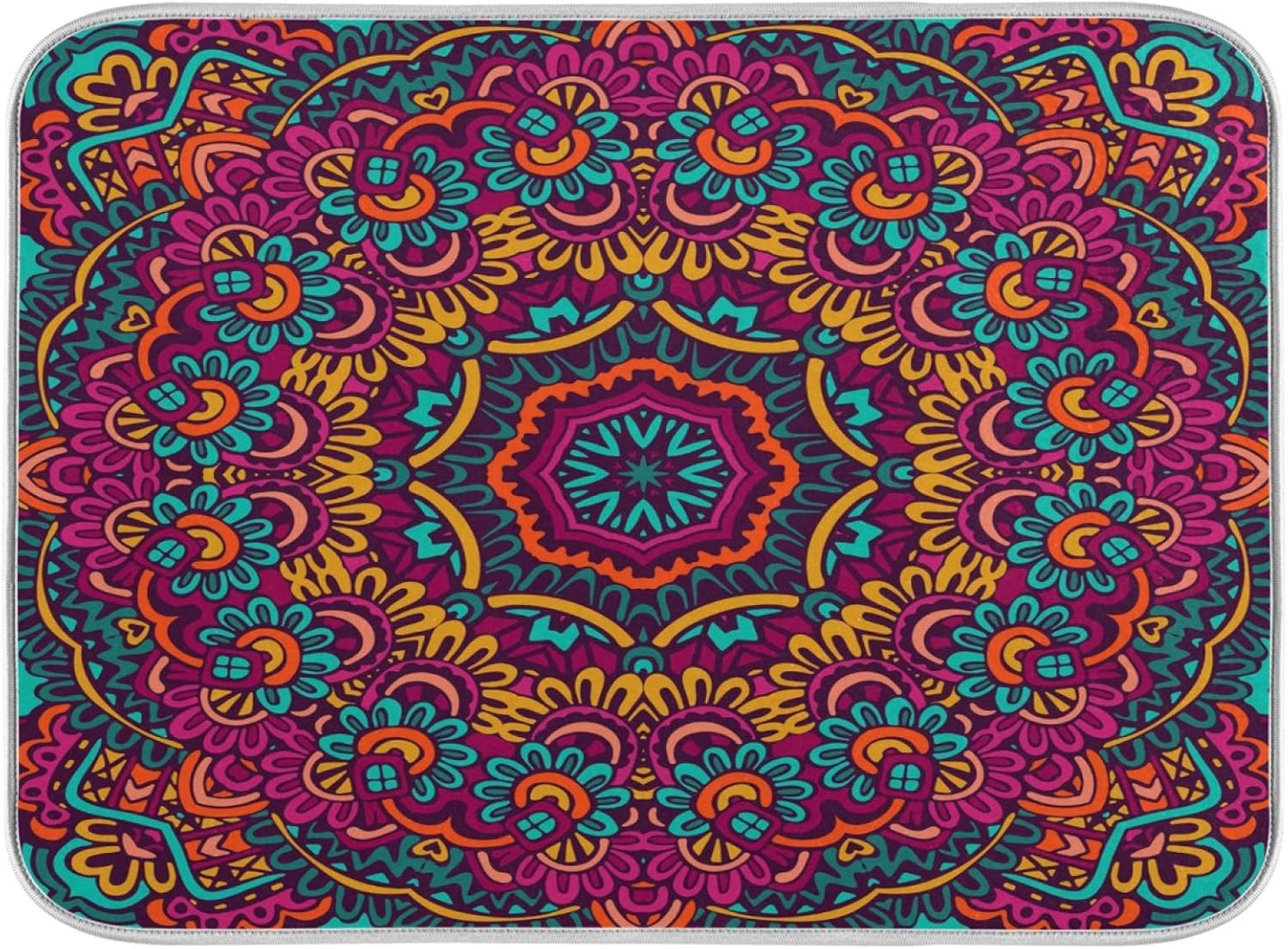 Boho Ethnic Dish Drying Mat - Bohemian Mandala Paisley Kitchen Countertop Mat, 16 x 18 Inch Absorbent