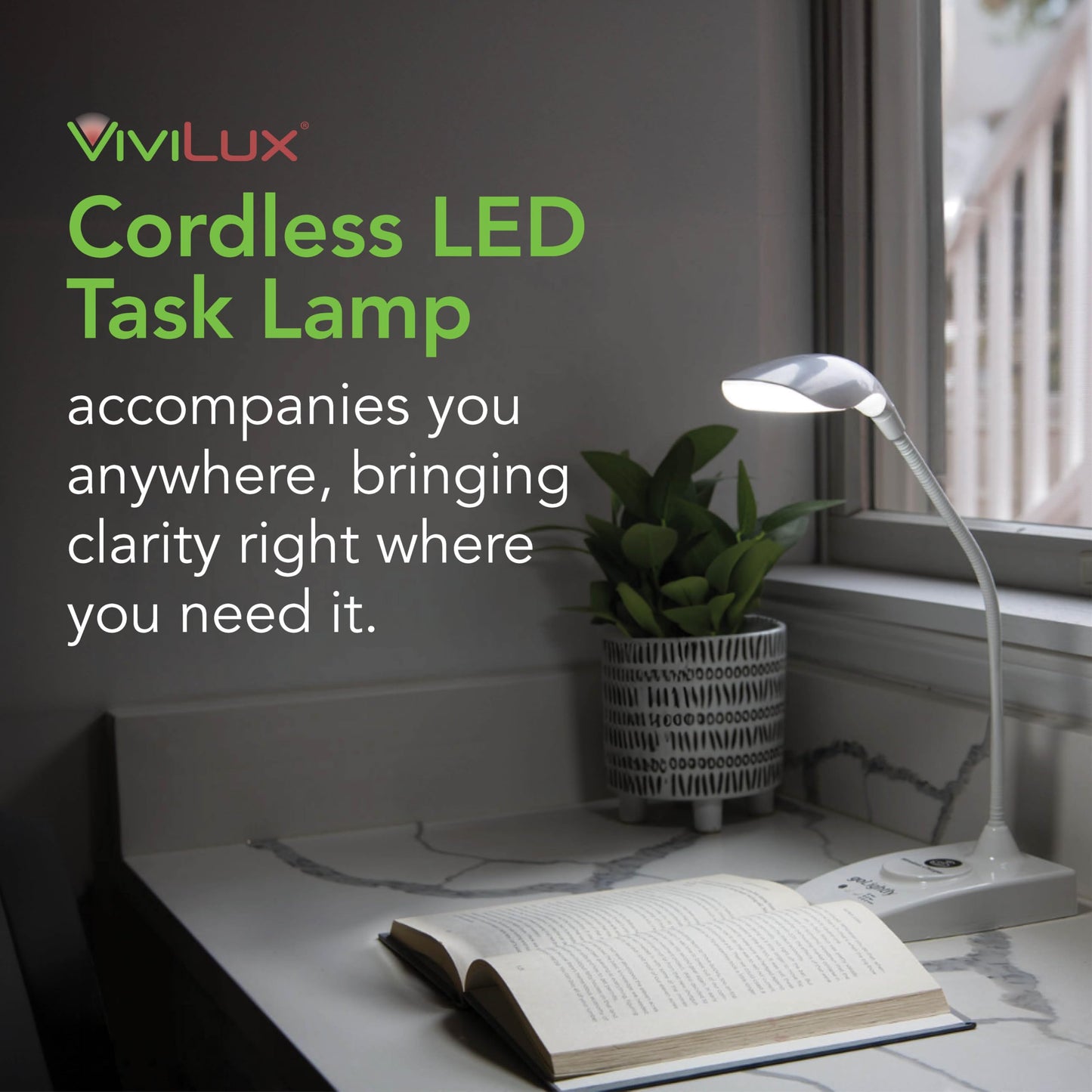 goLightly by ViviLux LED Rechargeable Desk Lamp with Wireless Charging Port, 20 Hour Battery, Portable Task Lighting for Crafts, Sewing & Study