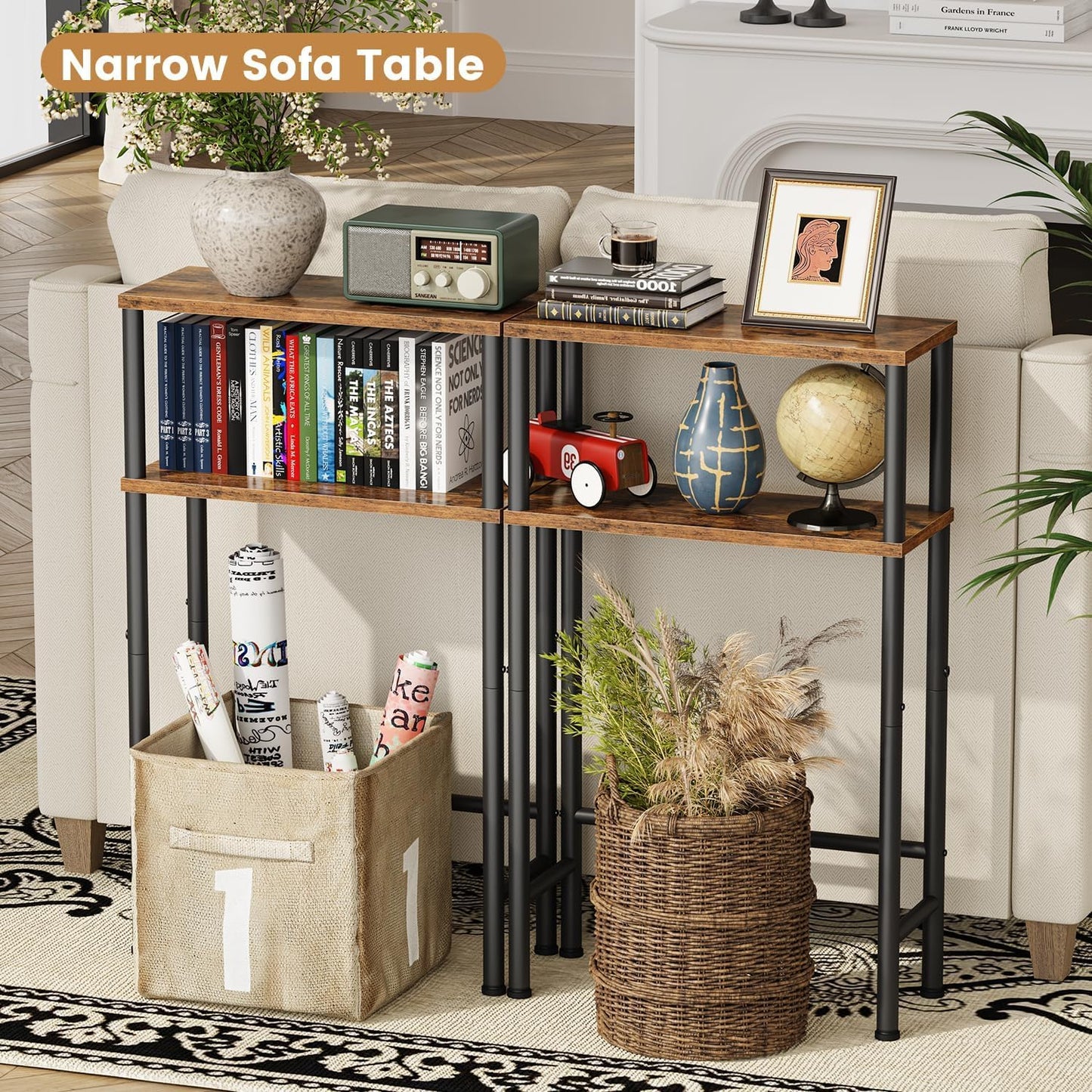 15.7" 2-Tier Asgolion Narrow Console Table, Small Entryway Table, Sofa Table with Storage, Skinny Console Tables