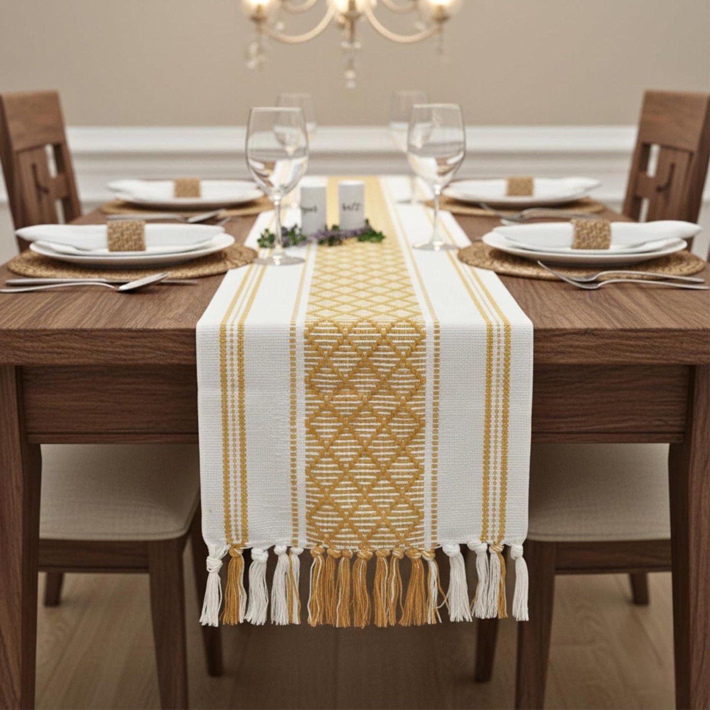 14 90 Inches, Boho Table Runner with Tassels x Yellow & Cream | Woven Washable Console Table / Dresser Runner