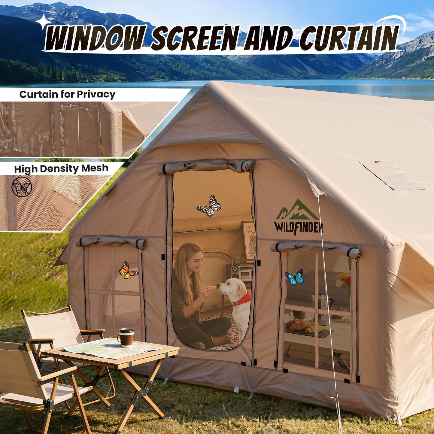 Inflatable Tent with Skylight, Quick Setup Blow Up Tents with Pump, Waterproof Oxford Inflatable House for Camping, Hot Tent with Stove Jack, Air Glamping Tents for Camping Adult 10-12 Person