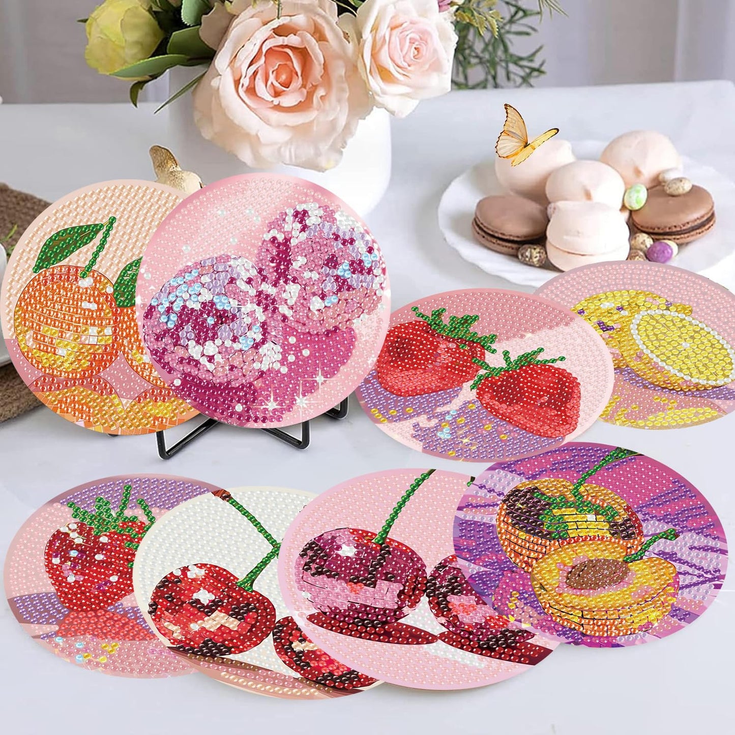 croshom Fruits Diamond Art Coasters Kits, 8 Pieces Diamond Painting Coasters with Holder, Diamonds Art Disco Ball Coaster Kits, 5D DIY Diamonds Arts Painting Kit for Adults Gift