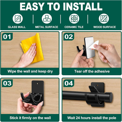 Skiennix No Drill Curtain Rod Brackets - 4 PCS Self Adhesive Hooks, 20lb Capacity | Rental Friendly for Home & Apartment
