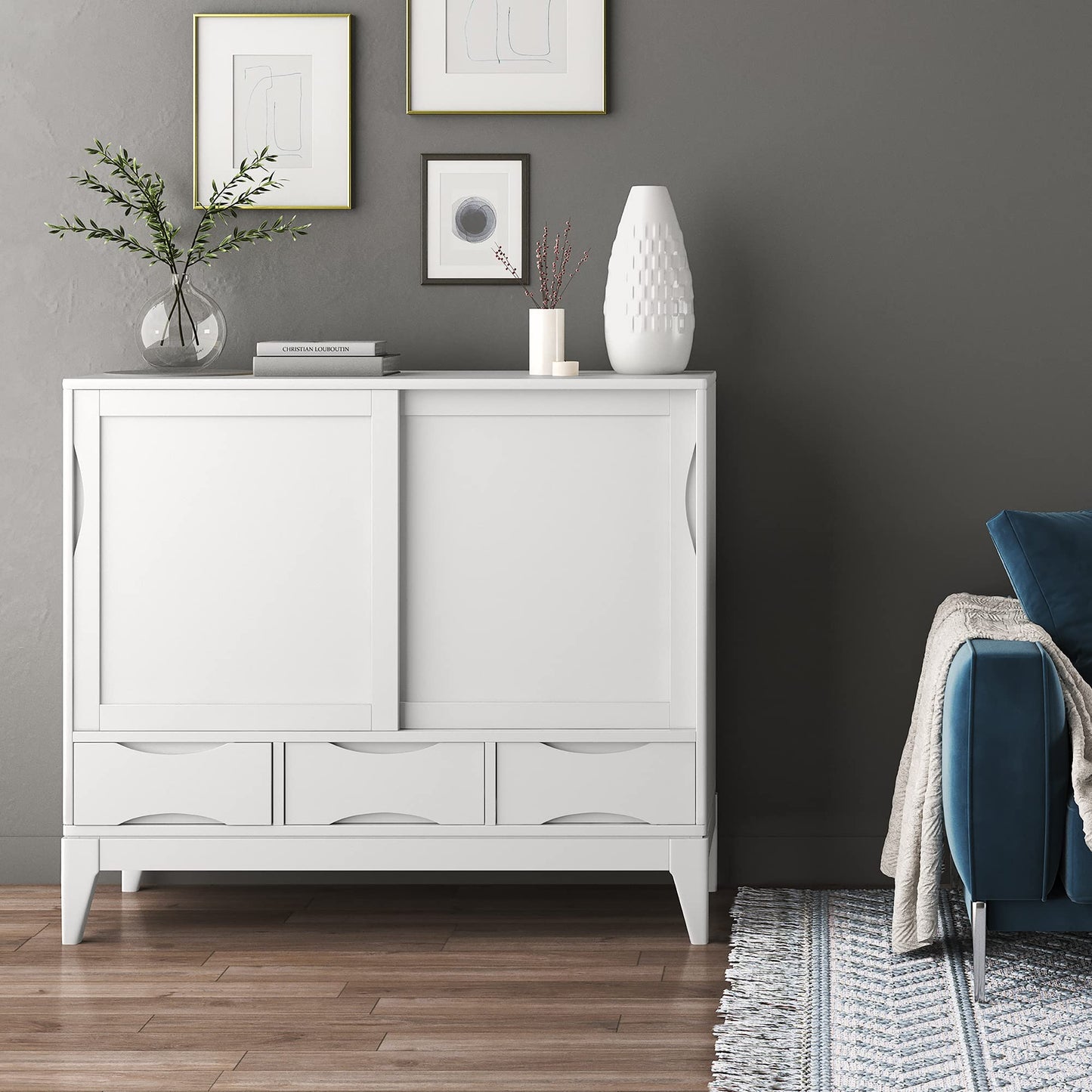 SIMPLIHOME Harper Medium Storage Cabinet - 48 inch Wide Solid Hardwood Sliding Door Cabinet in White, Mid-Century Modern Cupboard for Living Room or Entryway with 3 Drawers and Tapered Legs