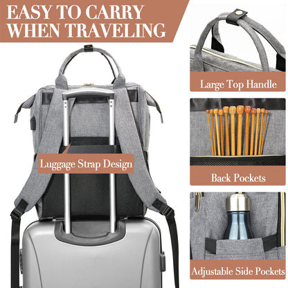 Knitting Bag Backpack, Crochet Bag Tote with USB Charging Port, Yarn Storage Organizer, Gifts for Crocheters Crochet Lovers Gift, Yarn Storage Tote Bag for Knitting & Crochet Accessories, Grey