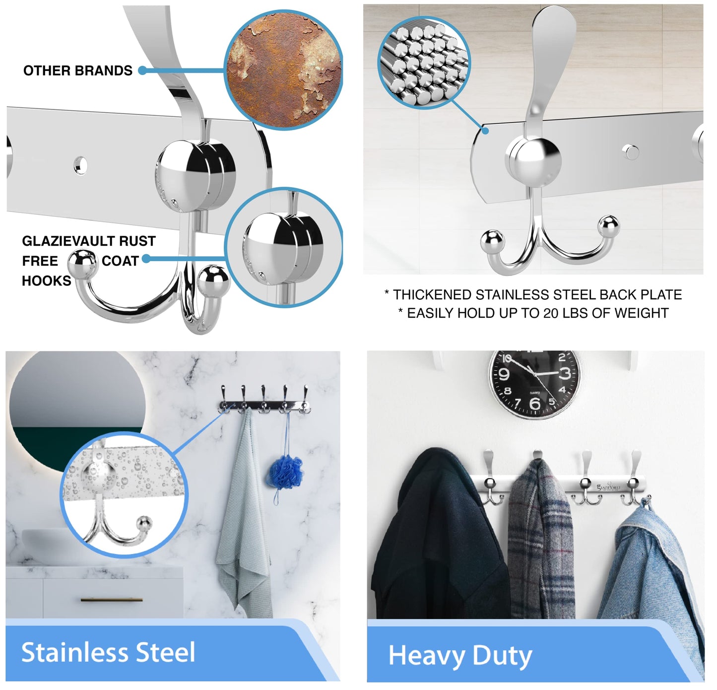 GlazieVault Coat Rack Wall Mount - Stainless Steel Coat Hooks (2 Pack) - Heavy Duty Wall Hooks for Clothes & Accessories (Silver Tri)