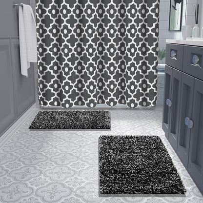 Yimobra Fluffy Bath Rug Set - Shaggy Non-Slip Bathroom Rugs, Machine Washable, 24x17+32x20 Inches, Black and White