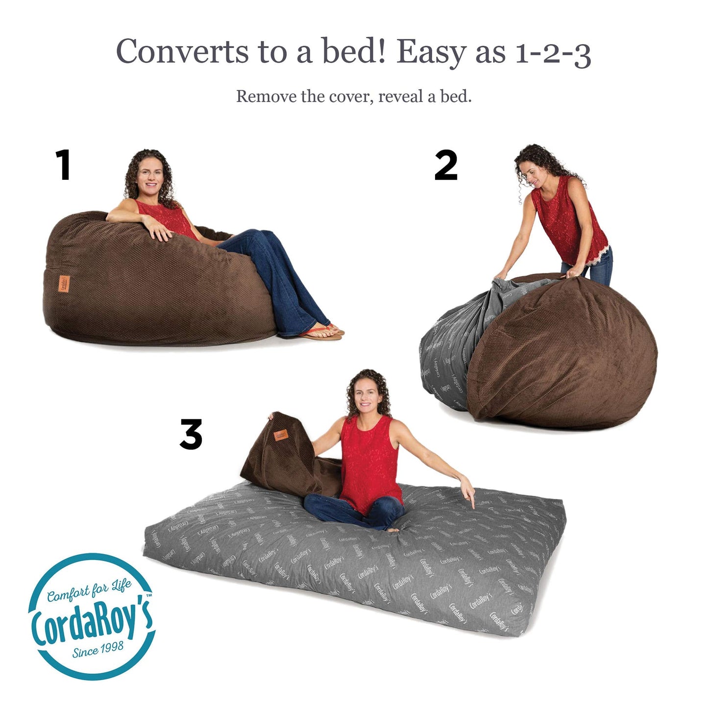 CordaRoy's Chenille Bean Bag Chair, Convertible Chair Folds from Bean Bag to Lounger, As Seen on Shark Tank, Espresso - Queen Size