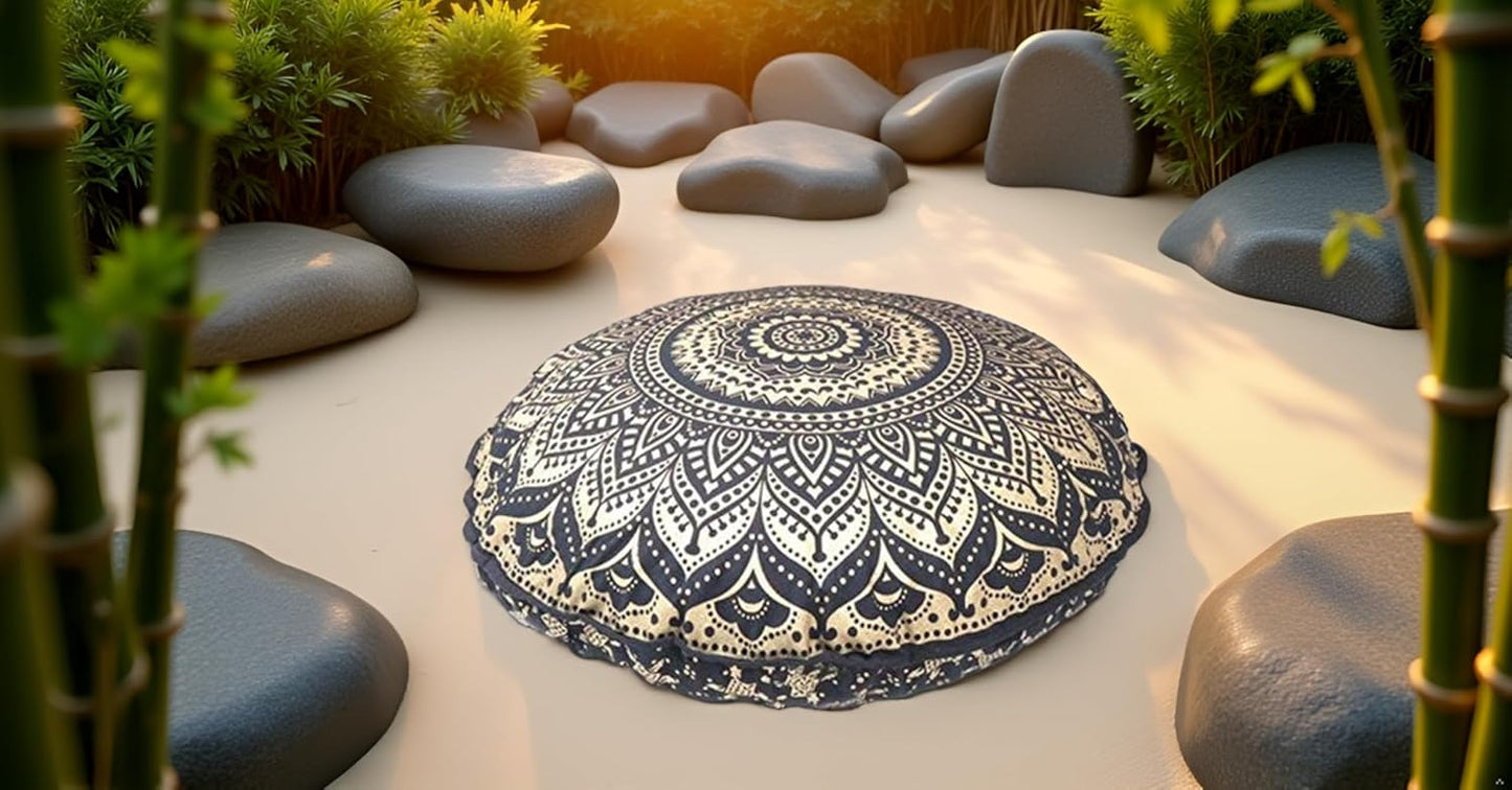 32" Gold Mandala Barmeri Large Floor Pillow Cover - Hippie Decorative Zipped Pouf Ottoman (Gold Black)