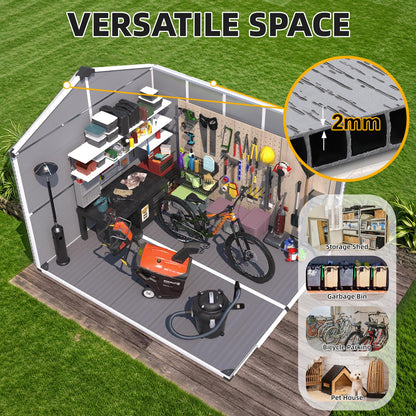 MELLCOM 8 x 10 FT Resin Outdoor Storage Shed with Windows, Outdoor Storage Tool Shed with Floor and Lockable Door, Resin Garden Shed for Garbage Can, Bike, Lawnmower