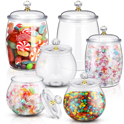Nuogo 6 Pcs Plastic Candy and Cookie Jar with Lids Decorative Apothecary Jars Candy Buffet Containers Clear Airtight Food Storage Canister Home Decoration(30/42/64 oz,Classic, Stylish)